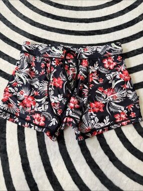 Men's Black Swim Trunks with Red Floral Print